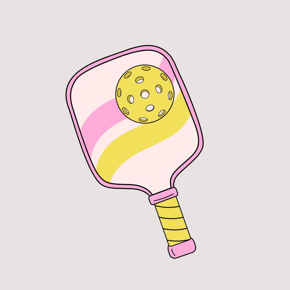 Retro-style illustration of a pickleball paddle with a pastel pink and yellow design, accompanied by a yellow perforated ball vector