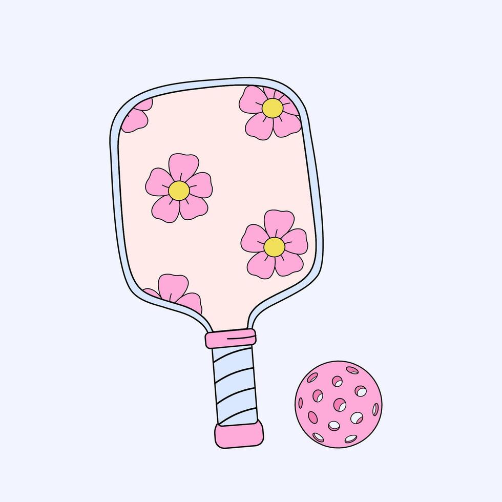 Retro-style illustration of a pickleball paddle with a floral design and a matching perforated ball on a light background, featuring vintage aesthetics and playful sports theme vector