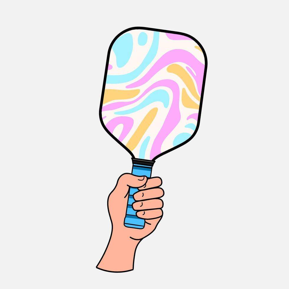 Human hand holding a vibrant pickleball paddle, representing enthusiasm, sports, and an active lifestyle vector