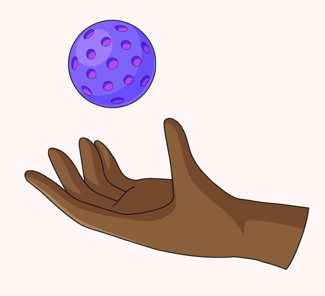 Cartoon illustration of a hand throwing a purple perforated ball, symbolizing sports, recreation and motion vector