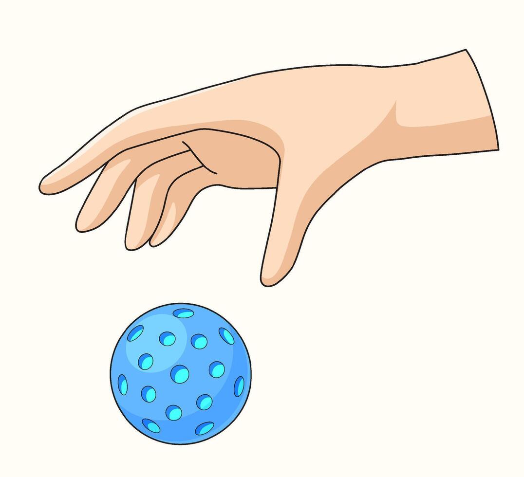 Cartoon illustration of a hand dropping for a blue perforated ball, symbolizing sports, games, and activities vector