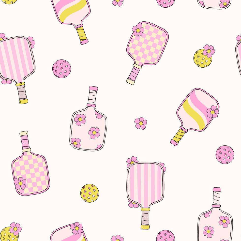 Seamless retro-style pattern featuring pickleball paddles, balls, and floral elements in pastel colors, creating a nostalgic and playful sports-inspired design vector