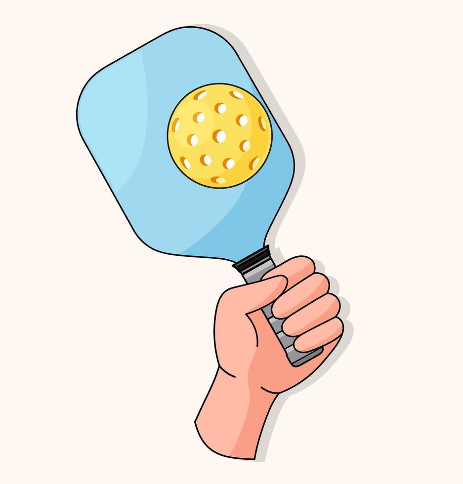 Cartoon illustration of a hand holding a blue pickleball paddle with a yellow perforated ball, creating a fun and sporty design vector
