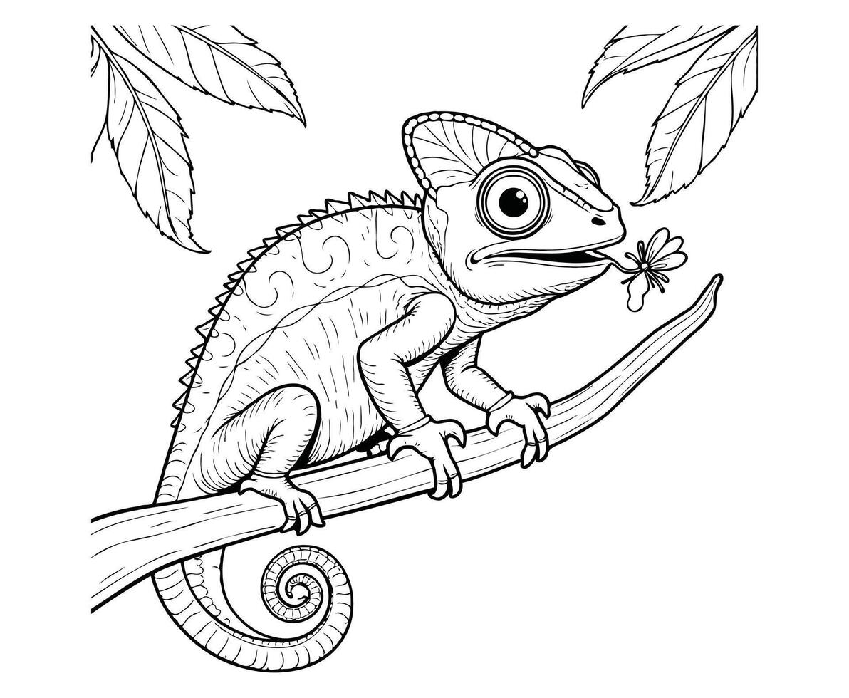 Chameleon Catching Insect on Branch Coloring Page vector