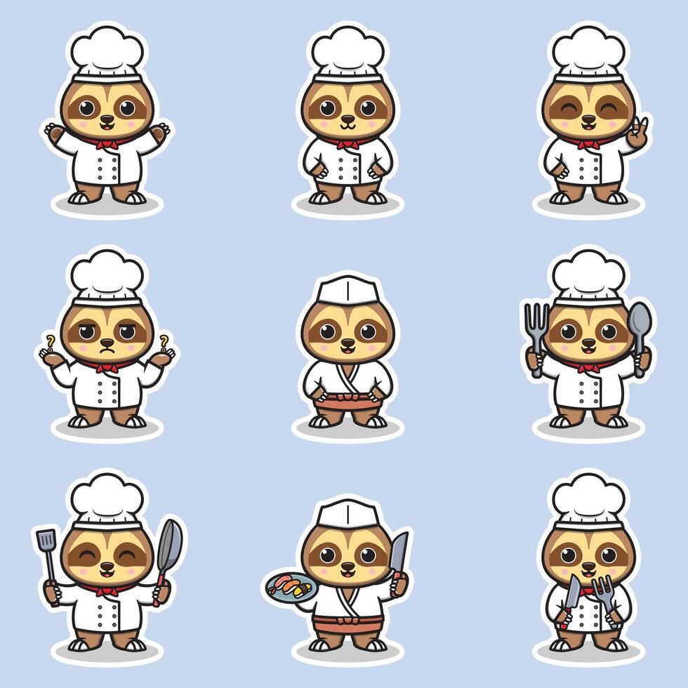 Illustrations of cute Sloth chef mascot cartoon character. Illustration Collection of Sloth icon isolated. vector