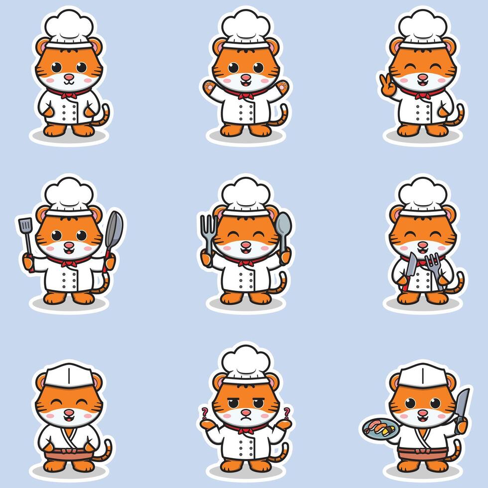 Illustrations of cute Tiger chef mascot cartoon character. Illustration Collection of Tiger icon isolated. vector
