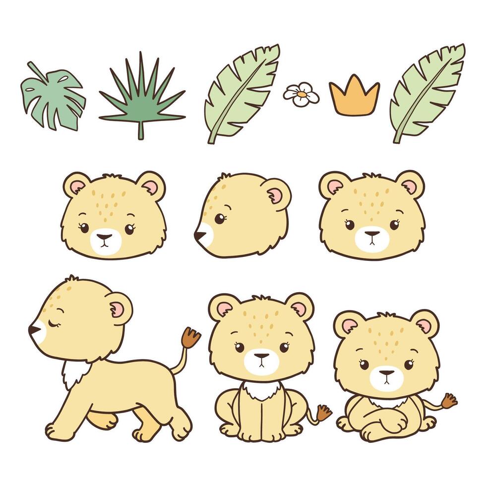 Set of Female Lion Collection , Hand Drawn Lion Cartoon Animals for Kids, Minimal Lion Line Art Doodle in Different Pose. vector