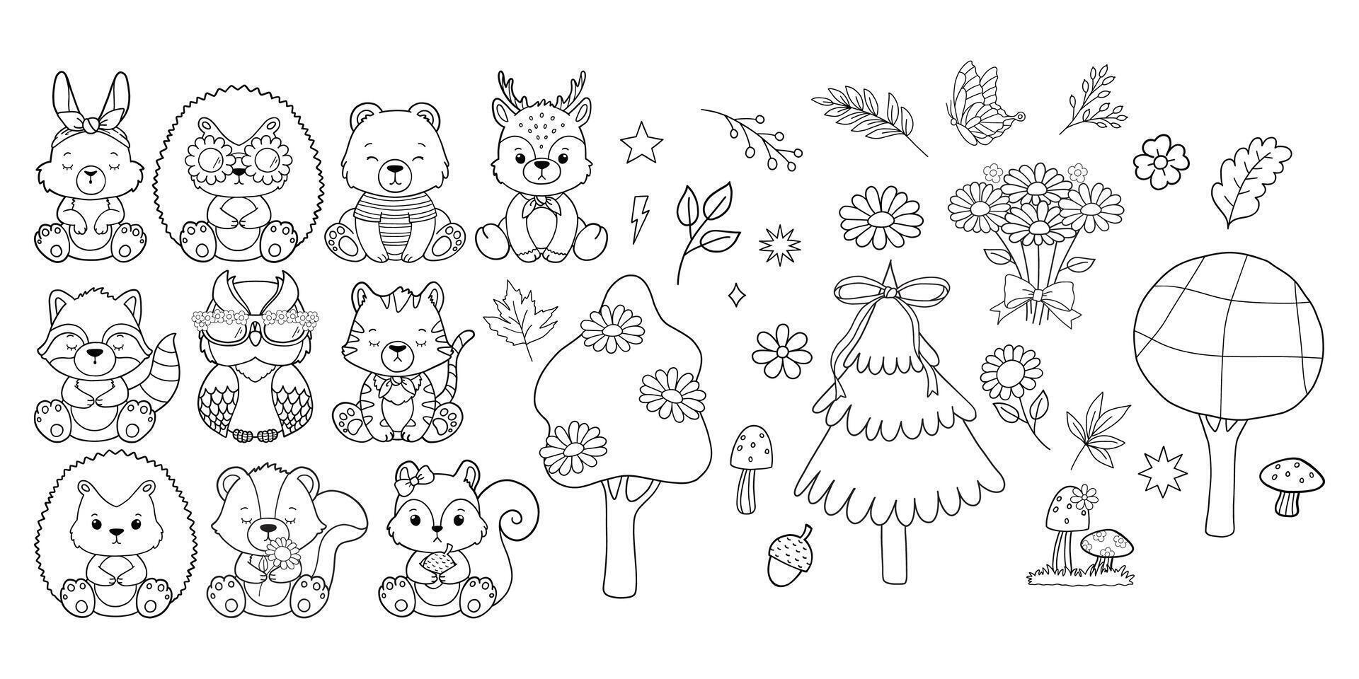 Groovy Woodland Animal Collection , Hand Drawn Bear Rabbit Skunk Racoon Squirrel Bear Deer Hedgehog Owl and Tiger Outline. vector