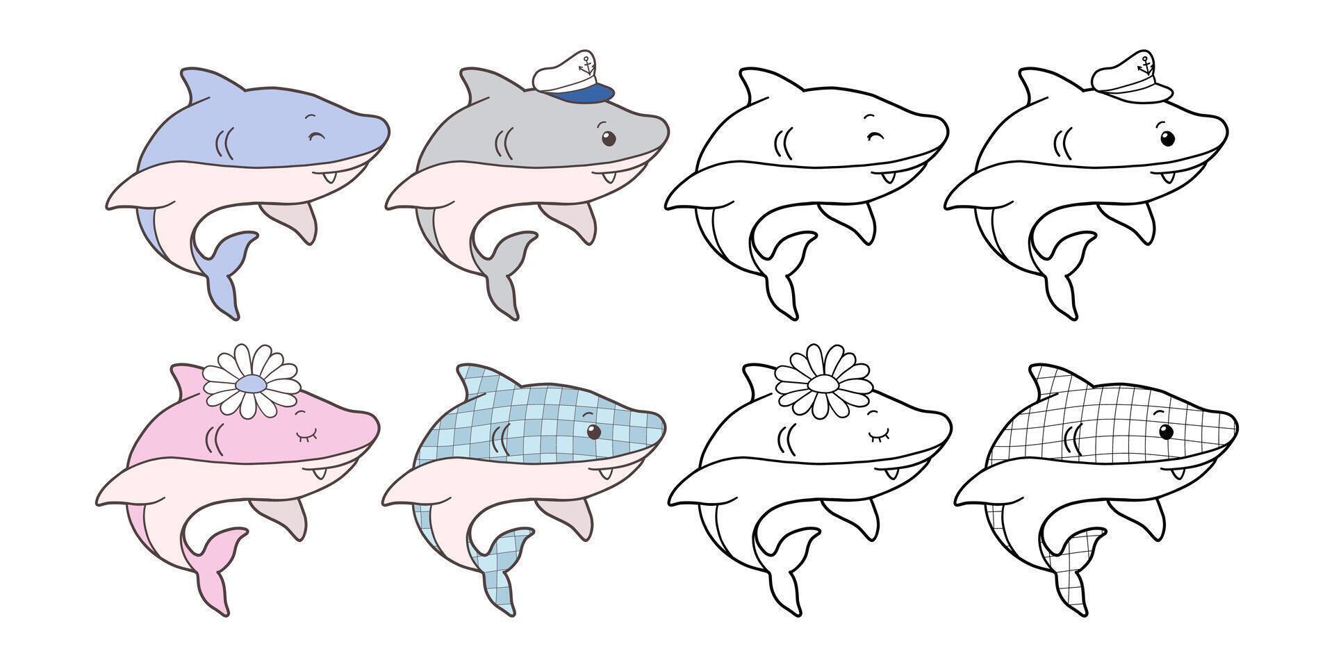 Set of Groovy Sea Animal Collection , Hand Drawn Shark Color and Outline Coloring Page for Book Animals for Kids. vector