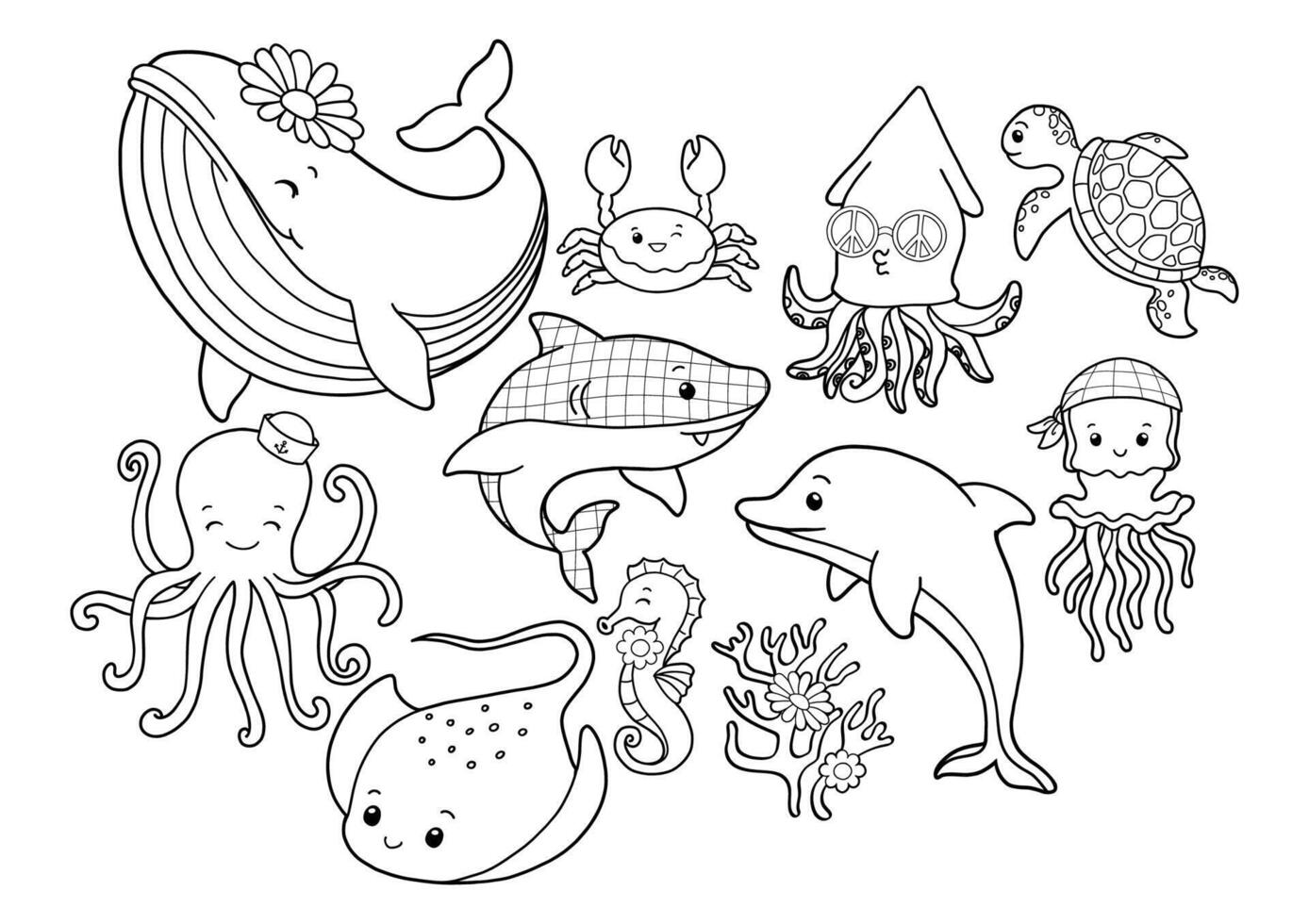 Sea Animal Collection , Hand Drawn Octopus Squid Whale Stingray Seahorse Jellyfish Dolphin Turtle Shark Outline Coloring Page or Book Animals for Kids. vector