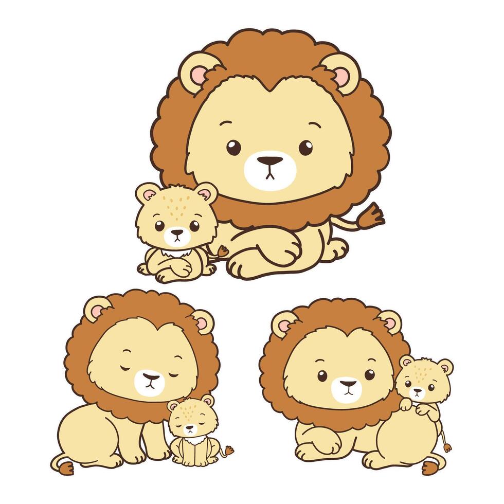 Set of Lion Father Collection , Hand Drawn Lion and Lion Cub Cartoon, Minimal Lion Baby Line Art Doodle in Different Pose. vector