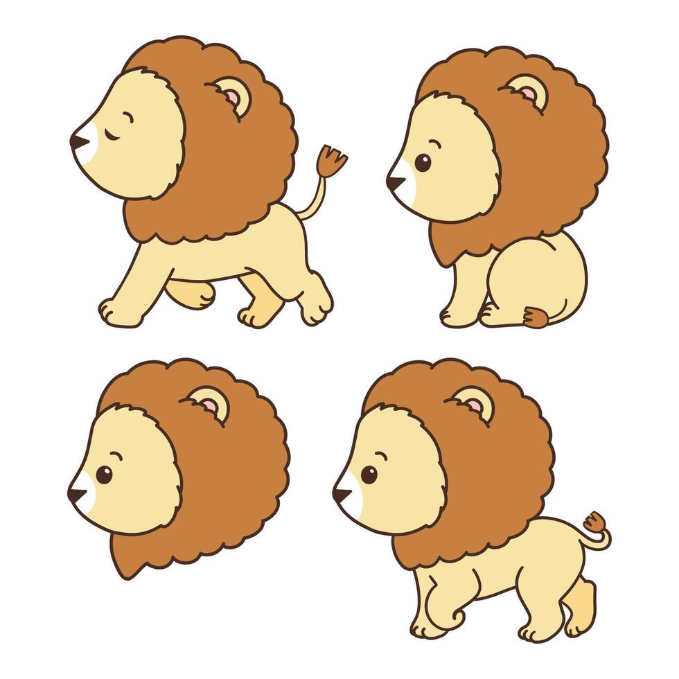 Lion Collection , Hand Drawn Lion Cartoon Animals for Kids, Minimal Lion Line Art Doodle in Different Pose. vector