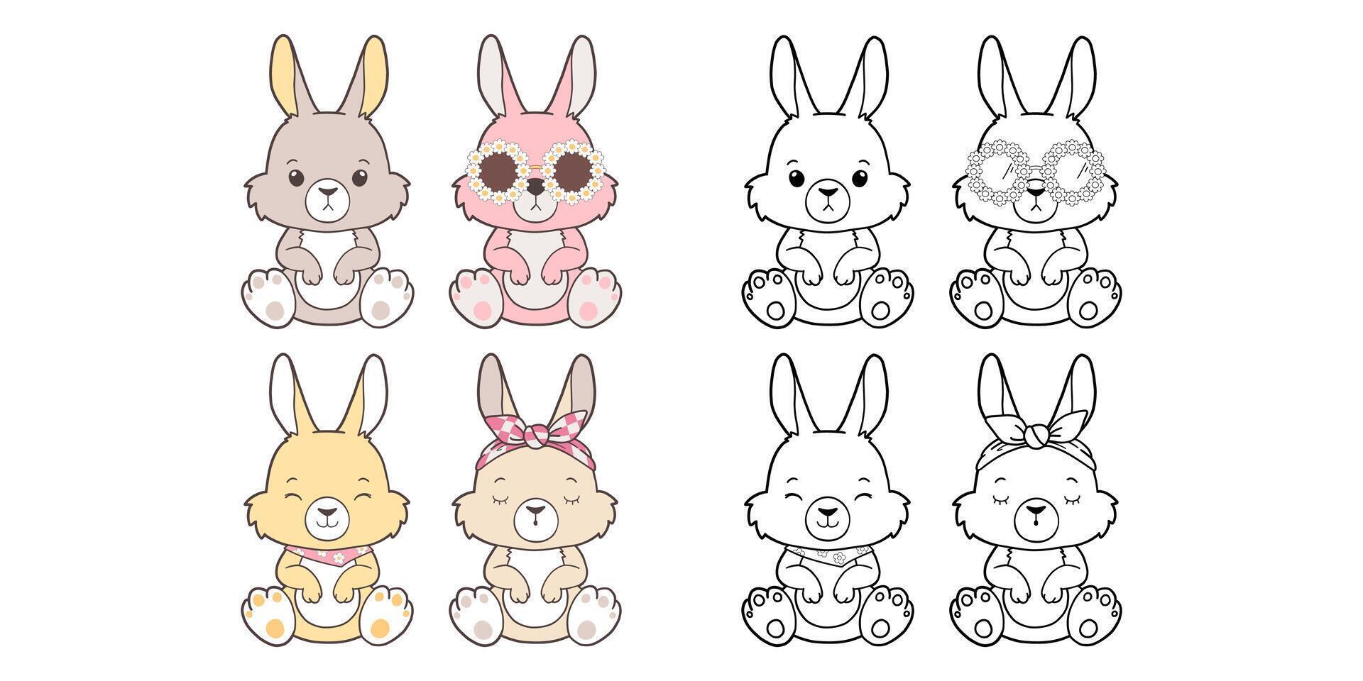 Set of Groovy Woodland Animal Collection , Hand Drawn Rabbit Color and Outline Coloring Page for Book Animals for Kids. vector