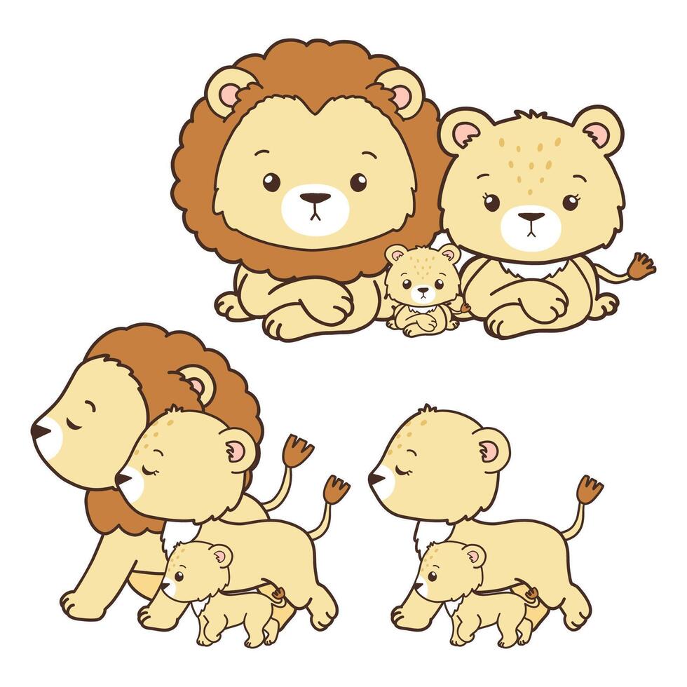 Set of Lion Family Collection , Hand Drawn Lion and Lion Cub Cartoon, Minimal Lion Baby Line Art Doodle in Different Pose. vector