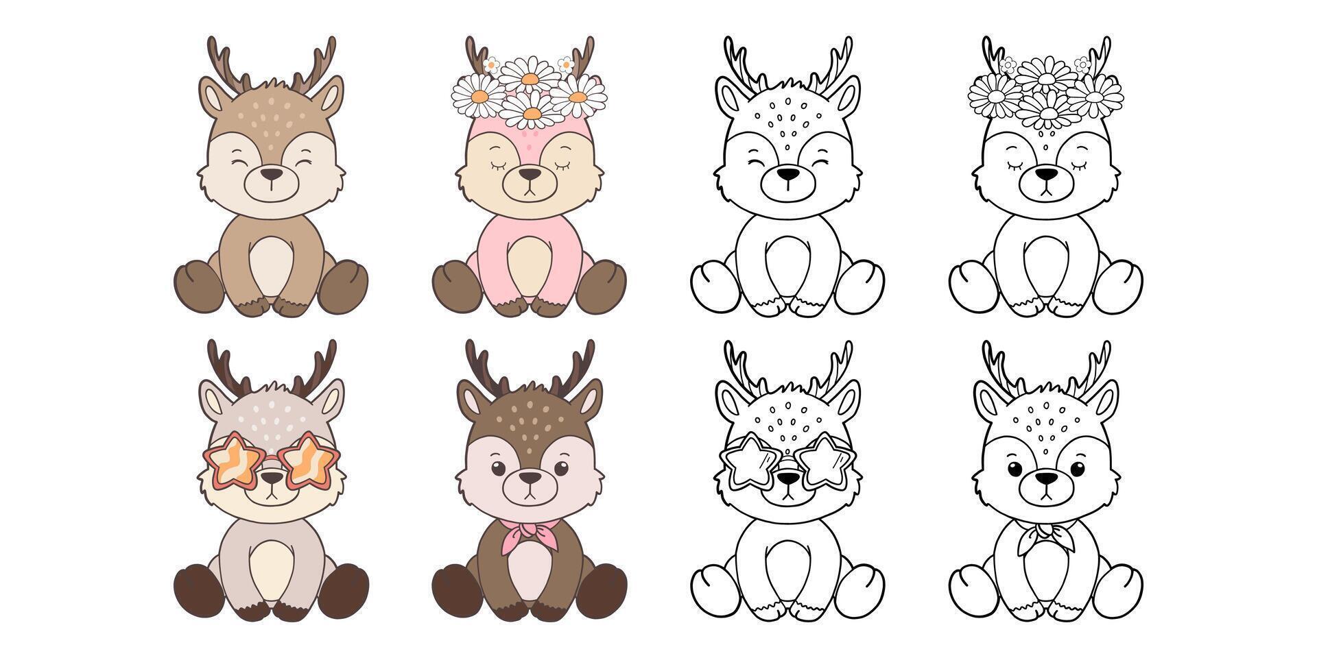 Set of Groovy Woodland Animal Collection , Hand Drawn Deer Color and Outline Coloring Page for Book Animals for Kids. vector