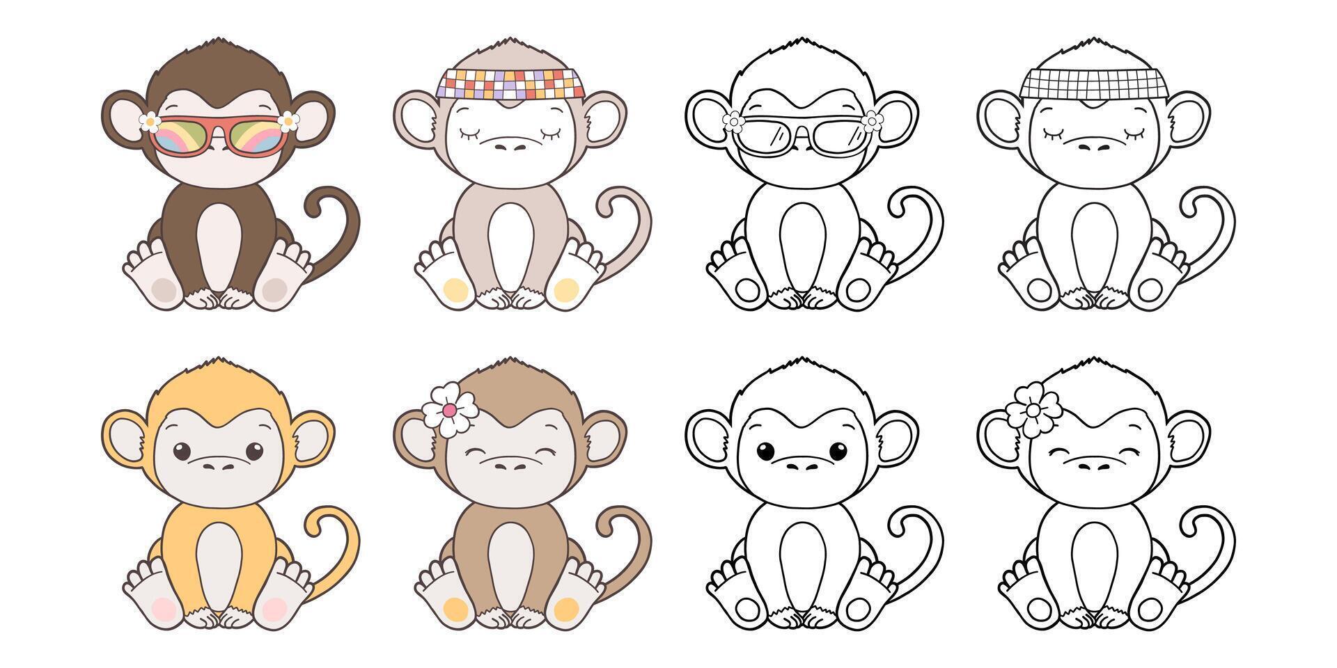 Set of Groovy Safari Animal Collection , Hand Drawn Monkey Color and Outline Coloring Page for Book Animals for Kids. vector
