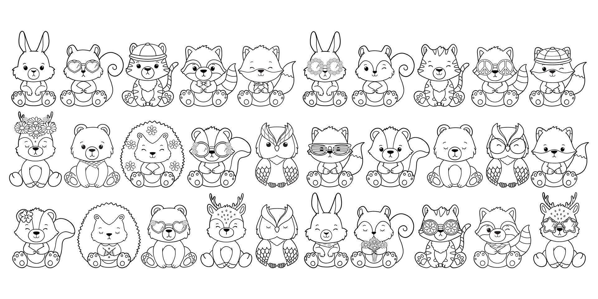Set of Groovy Woodland Animal Collection , Hand Drawn Bear Rabbit Skunk Racoon Squirrel Bear Deer Hedgehog Owl and Tiger Outline. vector
