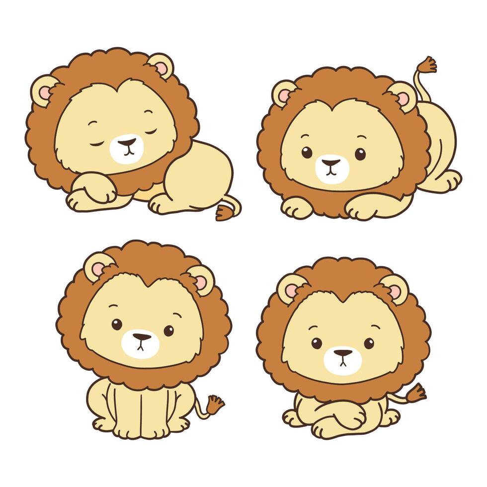 Set of Lion Collection , Hand Drawn Lion Cartoon Animals for Kids, Minimal Lion Line Art Doodle in Different Pose. vector