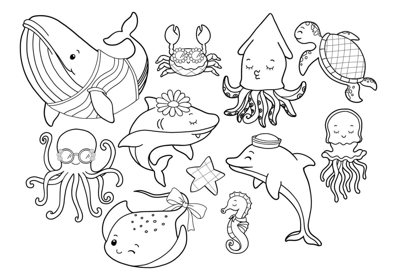 Under the Sea Collection , Hand Drawn Octopus Squid Whale Stingray Seahorse Jellyfish Dolphin Turtle Shark Outline Coloring Page or Book Animals for Kids. vector
