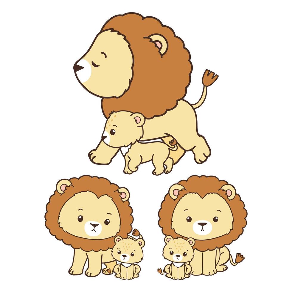 Father s day with Lion, Hand Drawn Lion and Lion Cub Cartoon, Minimal Lion Baby Line Art Doodle in Different Pose. vector