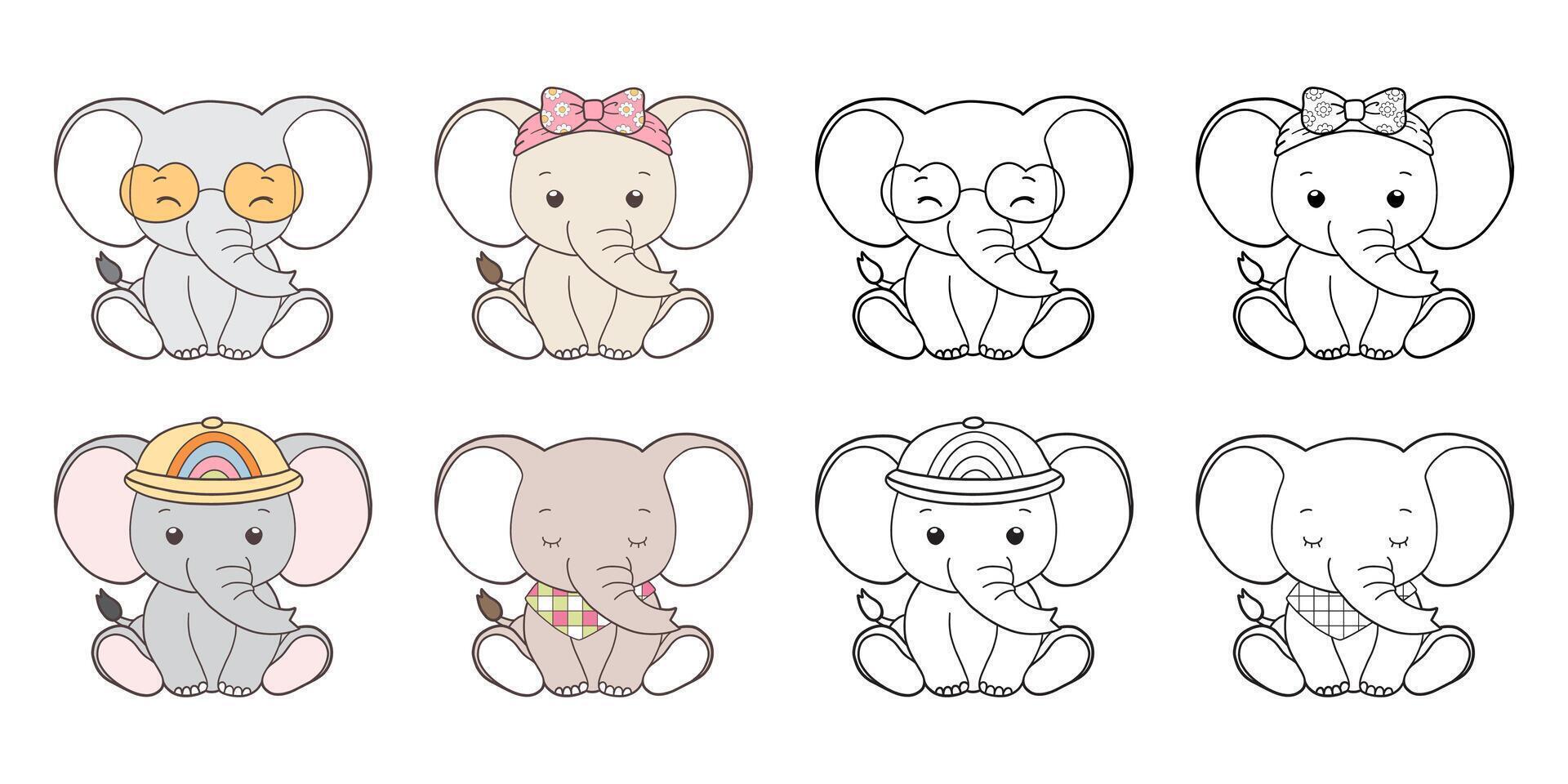 Set of Groovy Safari Animal Collection , Hand Drawn Elephant Color and Outline Coloring Page for Book Animals for Kids. vector