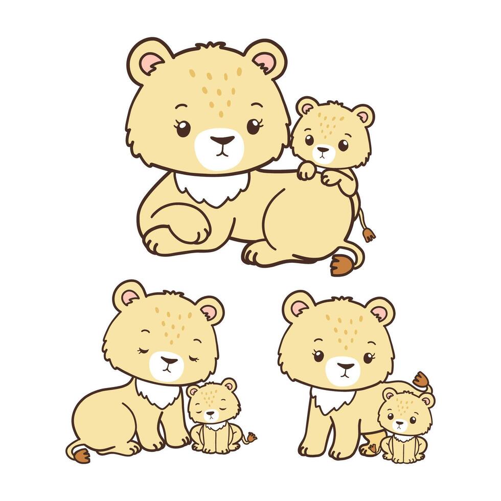 Set of Lion Mother Collection , Hand Drawn Lion and Lion Cub Cartoon, Minimal Lion Baby Line Art Doodle in Different Pose. vector