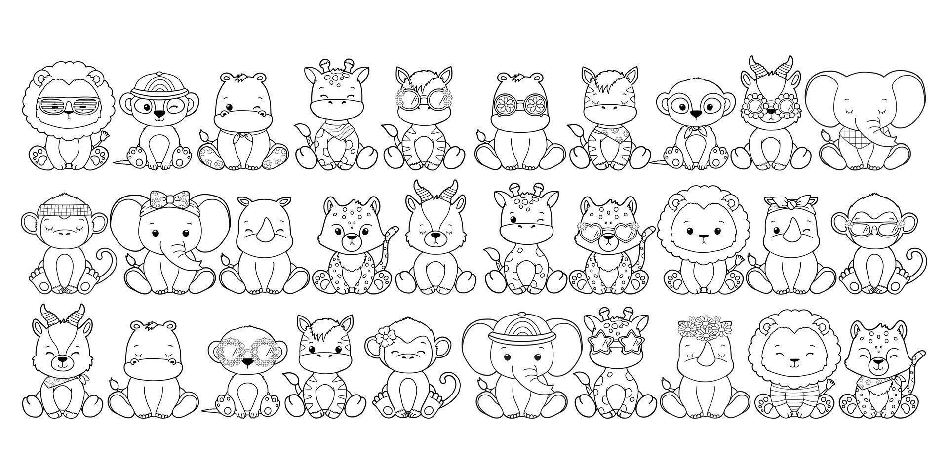 Groovy Safari Animal Collection , Hand Drawn Elephant Giraffe Zebra Lion Rhino Hippo Monkey Cheetah Gazelle and Meerkat Outline. vector