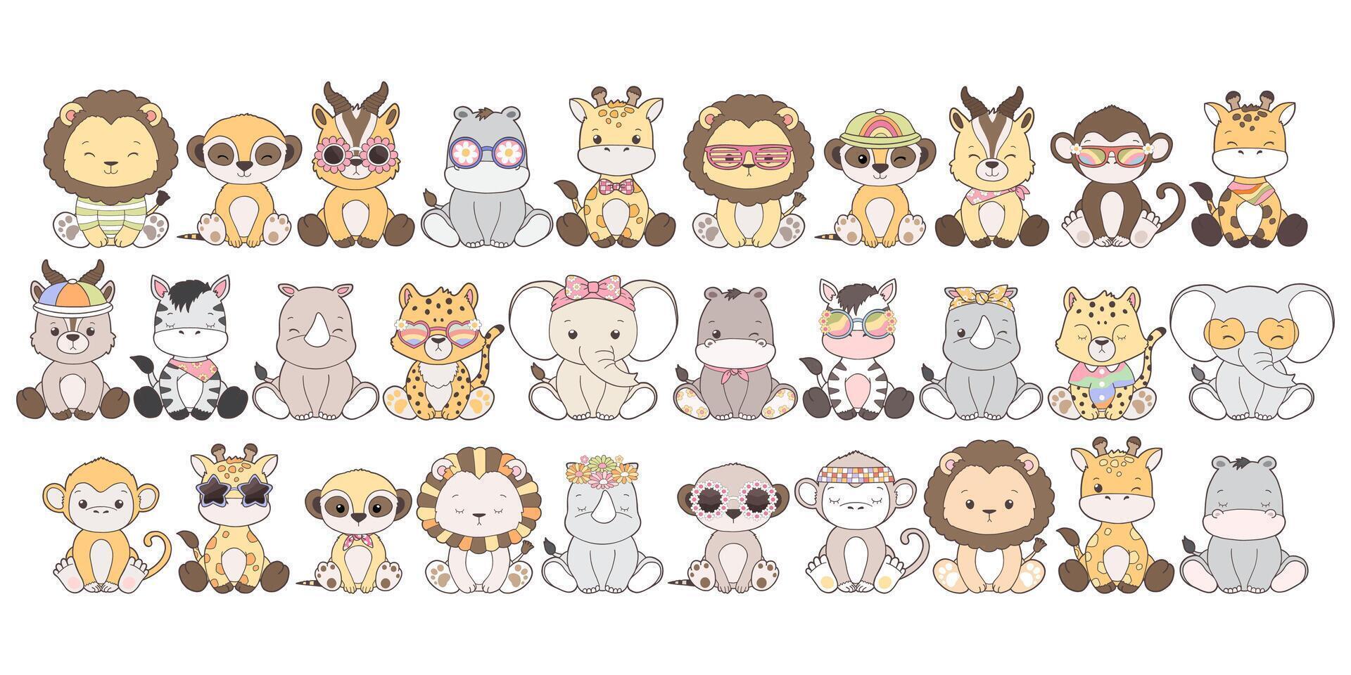 Set of Groovy Safari Animal Collection , Hand Drawn Elephant Giraffe Zebra Lion Rhino Hippo Monkey Cheetah Gazelle and Meerkat Cartoon. vector