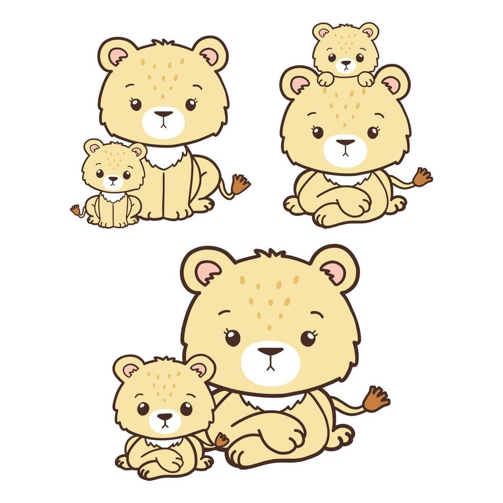 Lion Mother Collection , Hand Drawn Lion and Lion Cub Cartoon, Minimal Lion Baby Line Art Doodle in Different Pose. vector