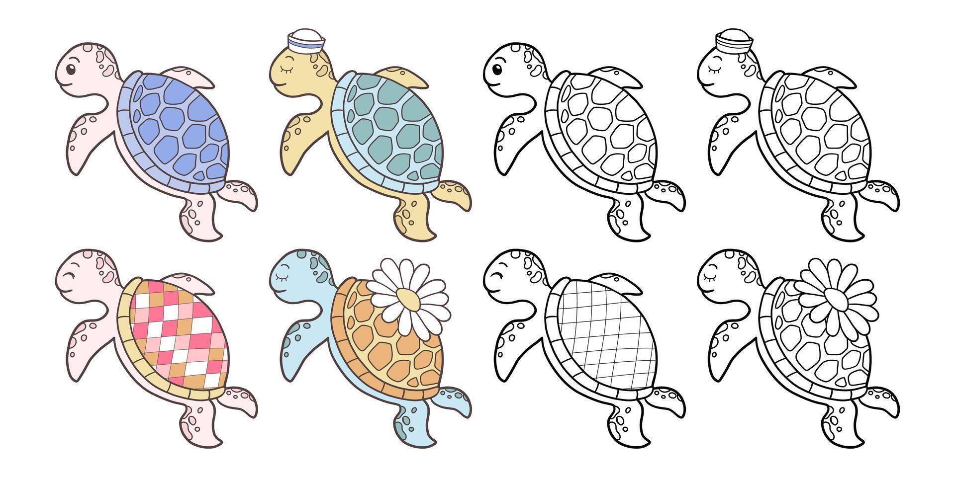 Set of Groovy Sea Animal Collection , Hand Drawn Sea Turtle Color and Outline Coloring Page for Book Animals for Kids. vector