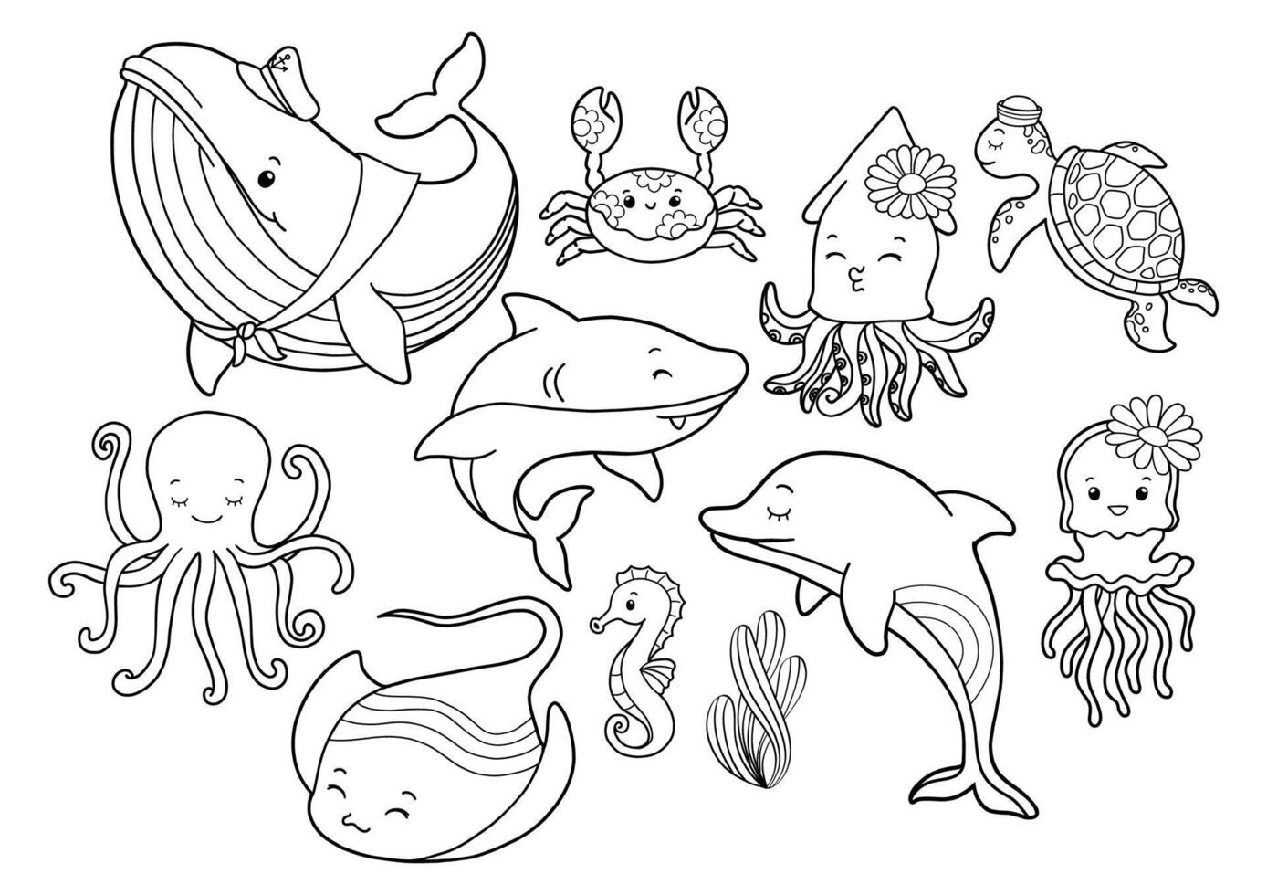 Groovy Sea Animal Collection , Hand Drawn Octopus Squid Whale Stingray Seahorse Jellyfish Dolphin Turtle Shark Outline Coloring Page or Book Animals for Kids. vector