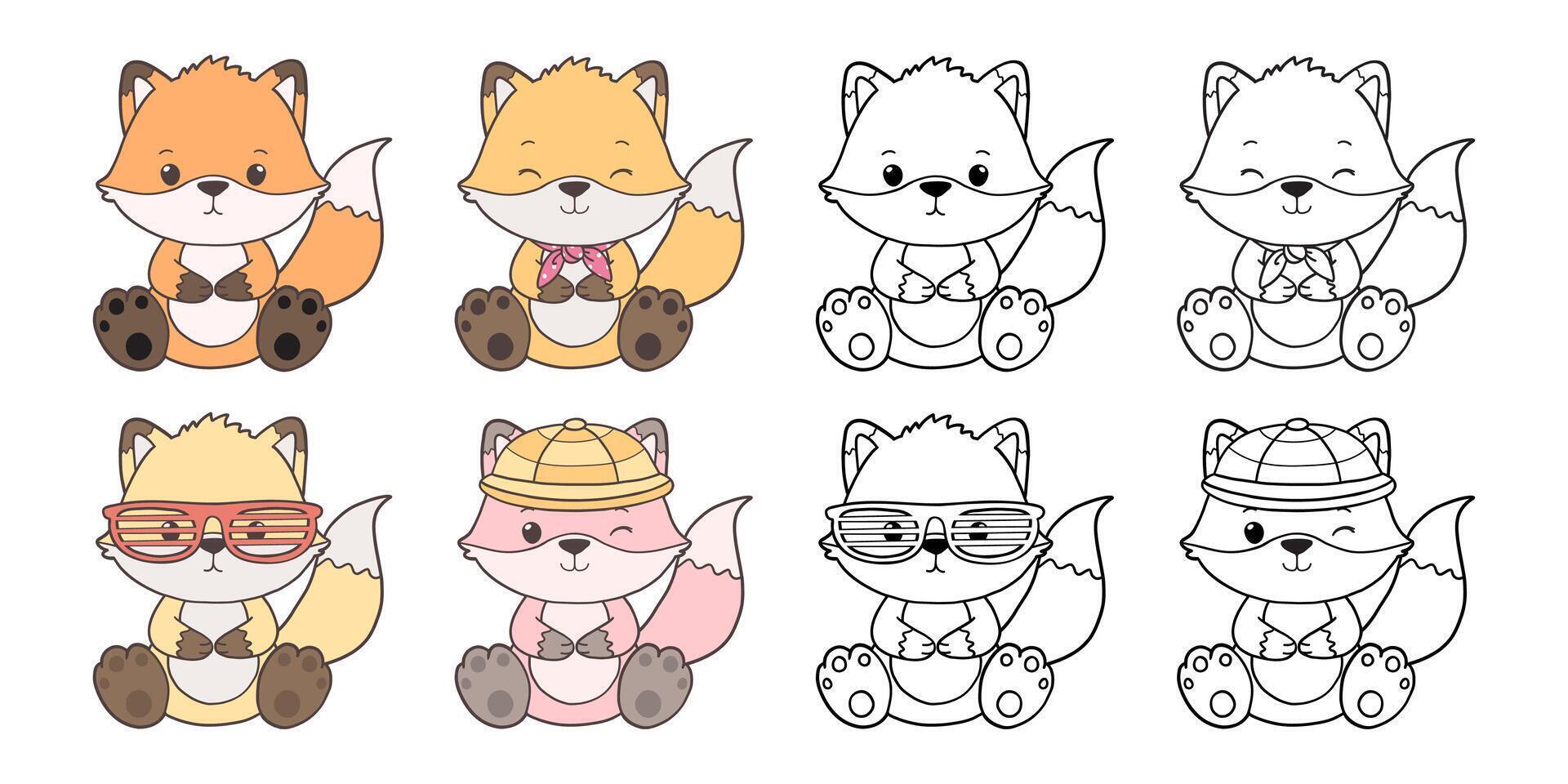 Set of Groovy Woodland Animal Collection , Hand Drawn Fox Color and Outline Coloring Page for Book Animals for Kids. vector