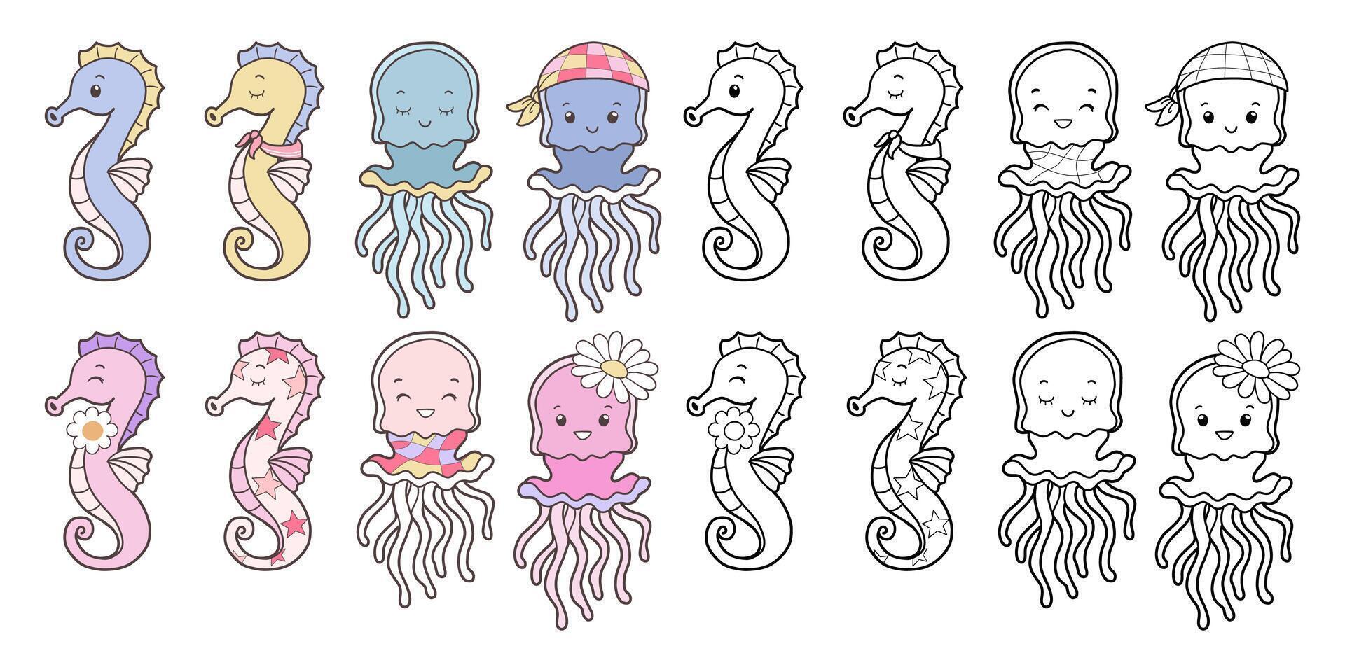 Set of Groovy Sea Animal Collection , Hand Drawn Seahorse and Jellyfish Color and Outline Coloring Page for Book Animals for Kids. vector