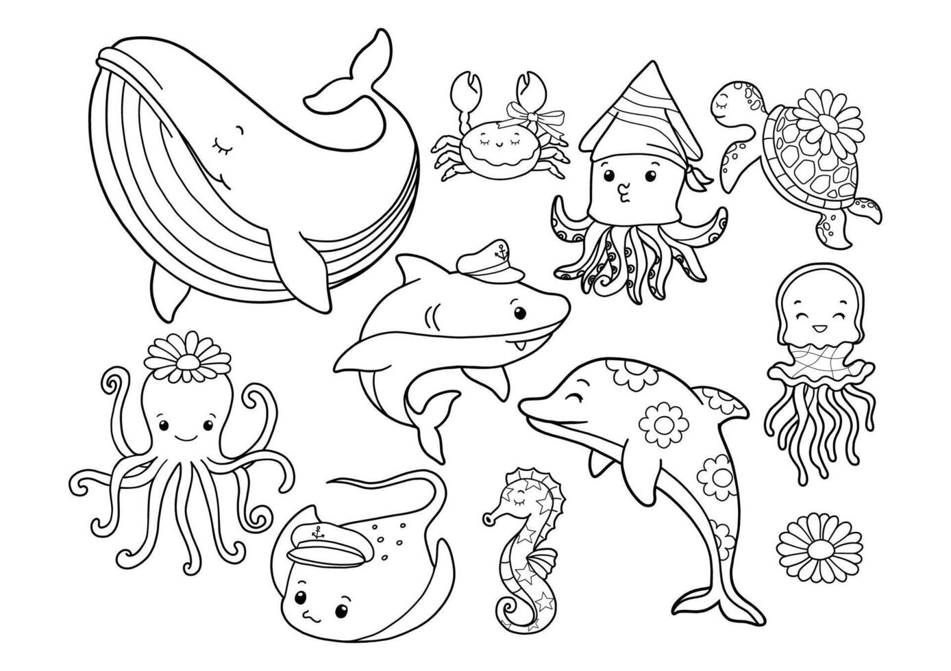 Set of Groovy Sea Animal Collection , Hand Drawn Octopus Squid Whale Stingray Seahorse Jellyfish Dolphin Turtle Shark Outline Coloring Page or Book Animals for Kids. 004 vector