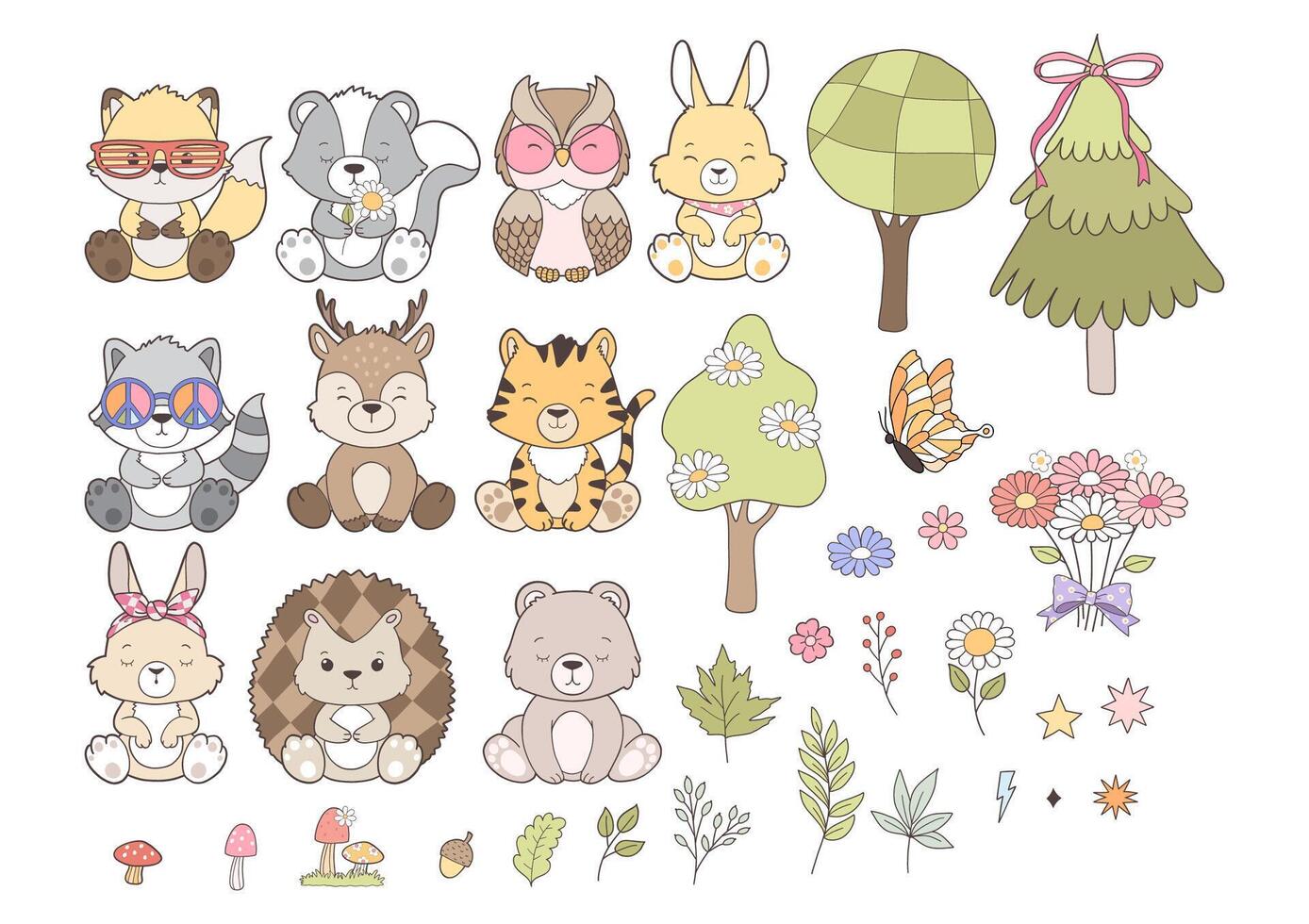 Woodland Animal Collection , Hand Drawn Bear Rabbit Skunk Racoon Squirrel Fox Bear Deer Hedgehog Owl and Tiger Design. vector