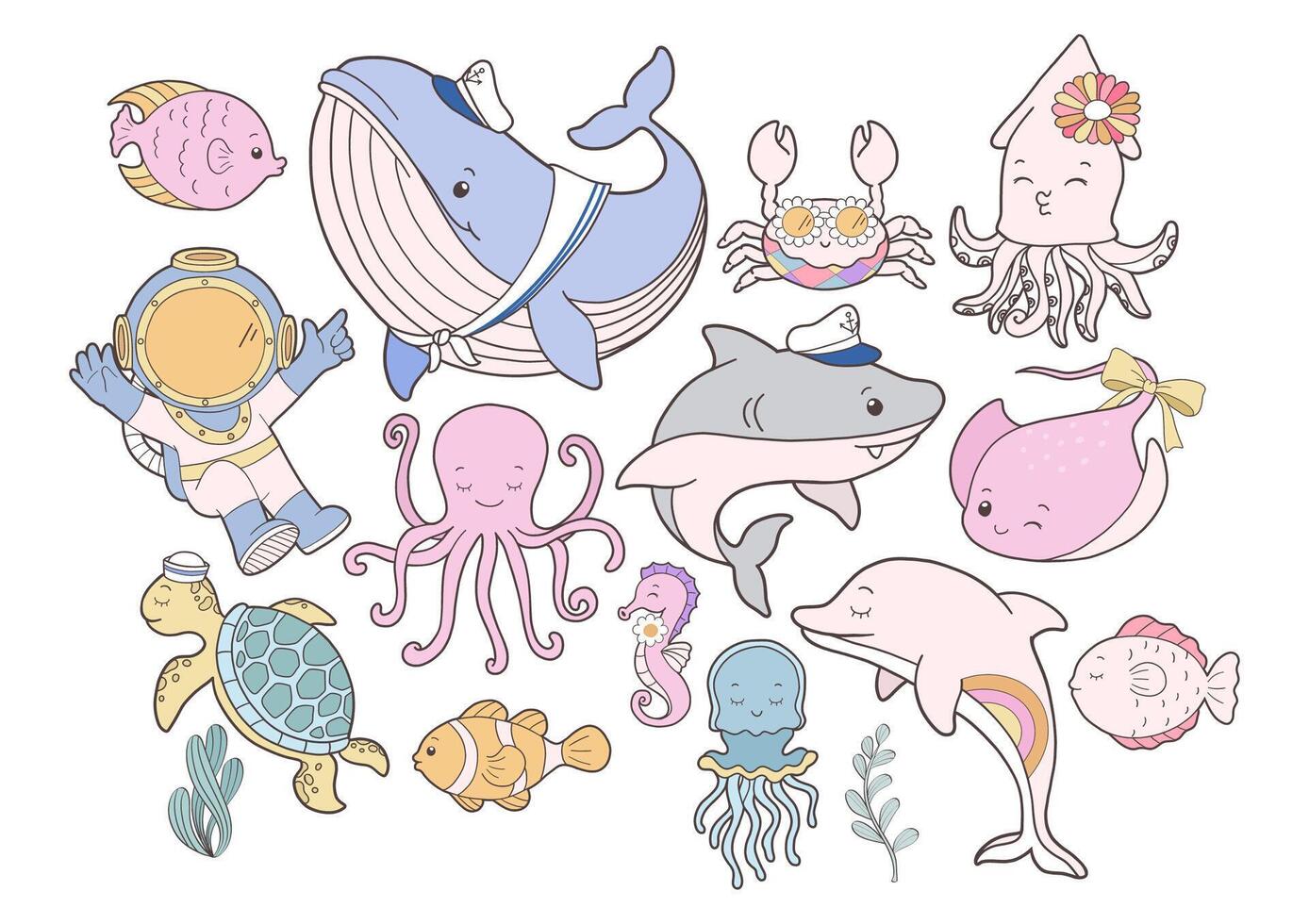 Groovy Sea Animal Collection , Hand Drawn Octopus Squid Whale Stingray Seahorse Jellyfish Dolphin Turtle Shark, Vingtage Diver Cartoon Animals for Kids. vector