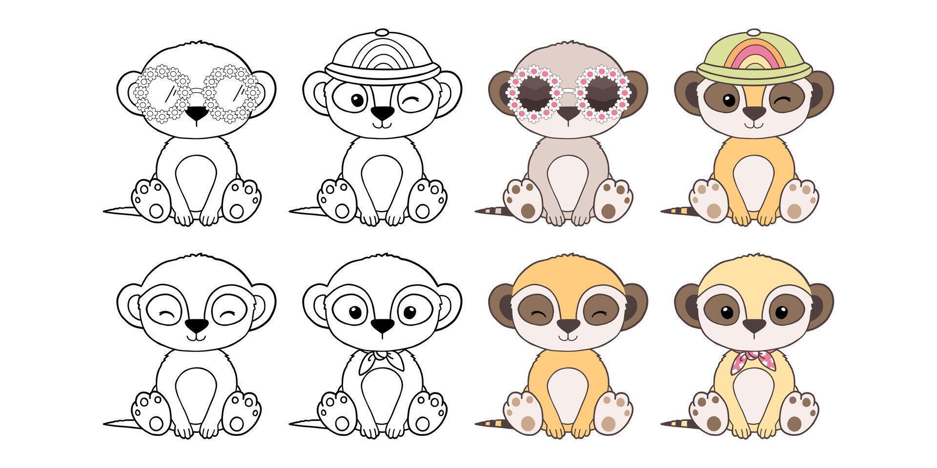 Set of Groovy Safari Animal Collection , Hand Drawn Meerkat Color and Outline Coloring Page for Book Animals for Kids. vector