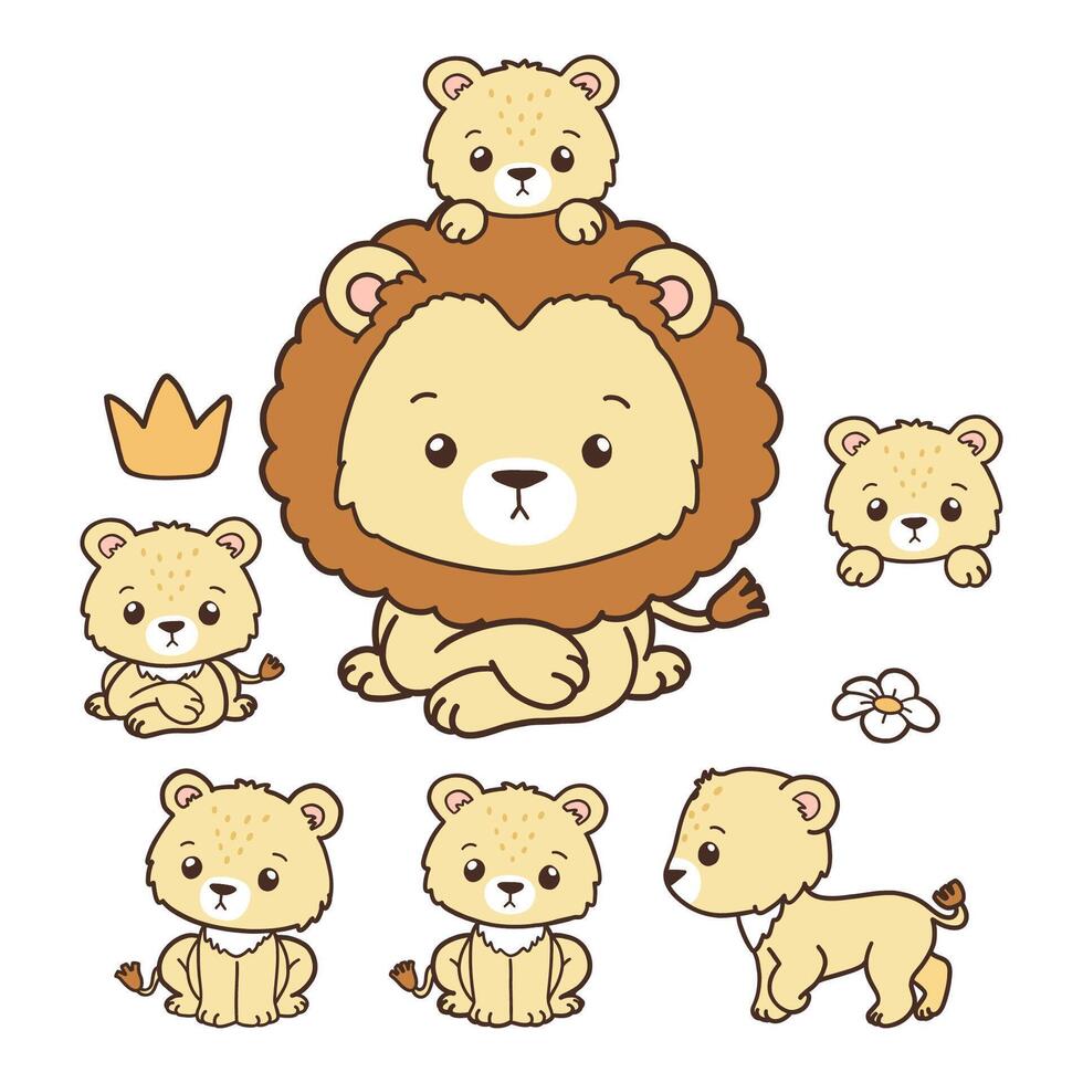 Lion Father Collection , Hand Drawn Lion and Lion Cub Cartoon, Minimal Lion Baby Line Art Doodle in Different Pose. vector