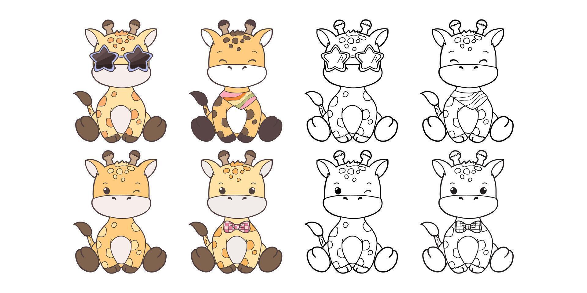 Set of Groovy Safari Animal Collection , Hand Drawn Giraffe Color and Outline Coloring Page for Book Animals for Kids. vector