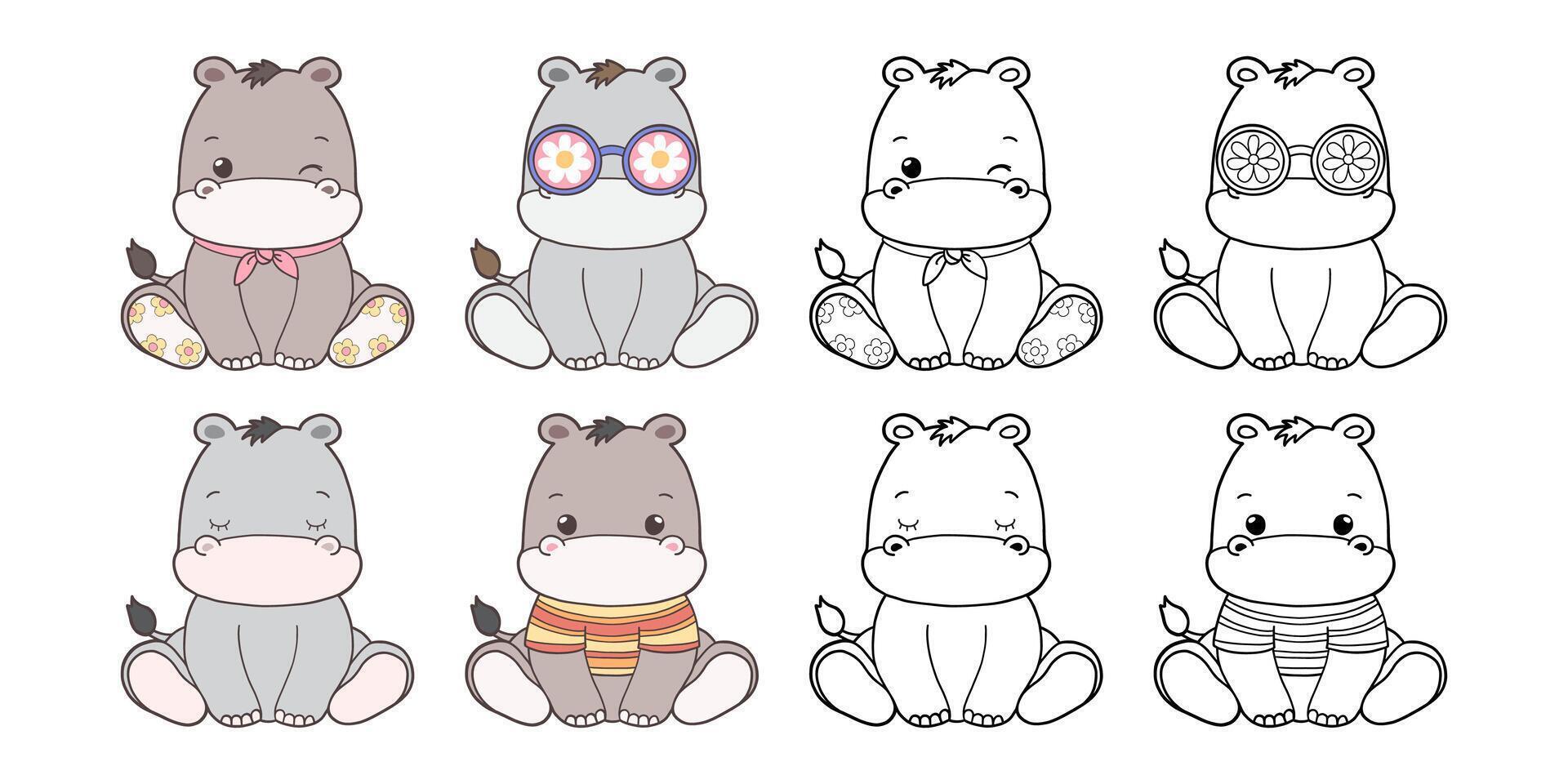 Set of Groovy Safari Animal Collection , Hand Drawn Hippo Color and Outline Coloring Page for Book Animals for Kids. vector