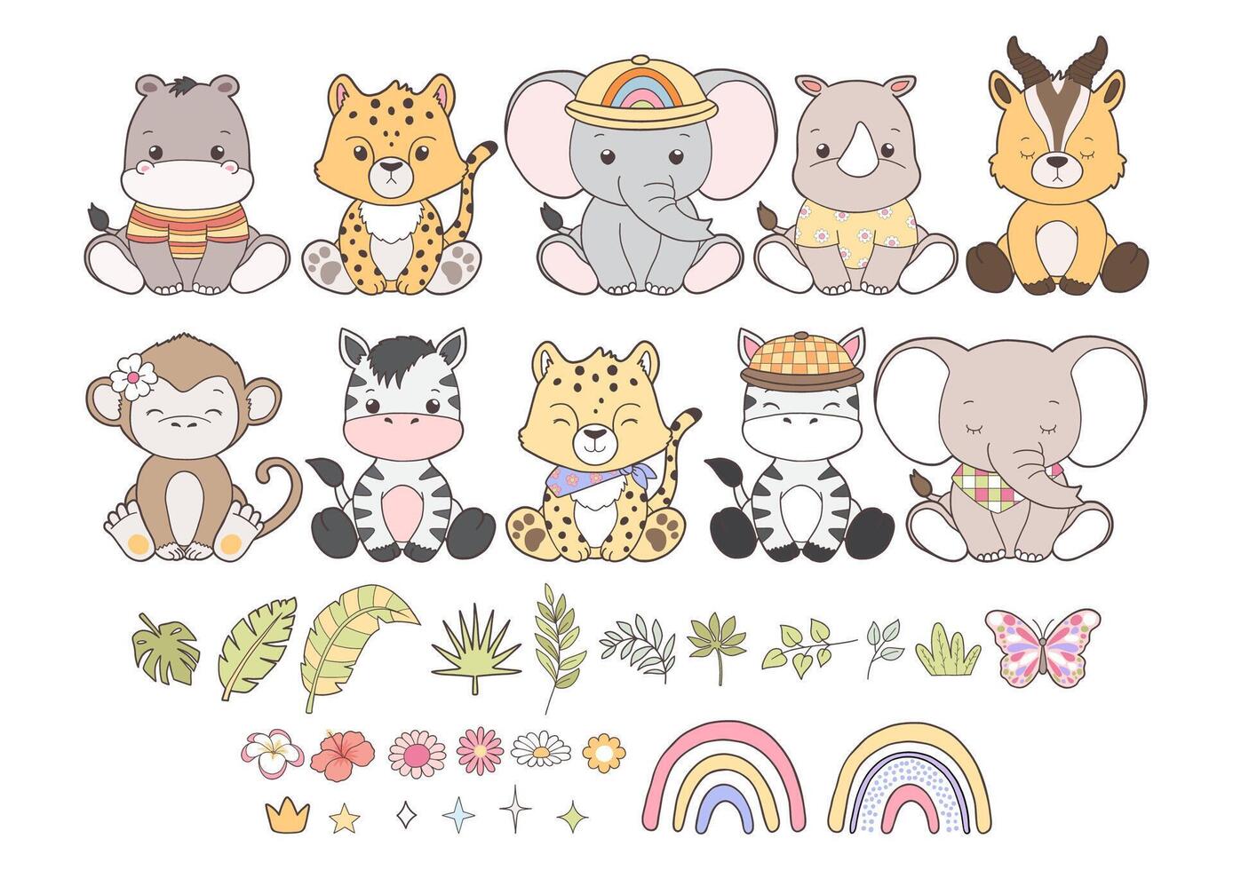 Groovy Safari Animal Collection , Hand Drawn Elephant Giraffe Zebra Lion Rhino Hippo Monkey Cheetah Gazelle and Meerkat Cartoon. vector