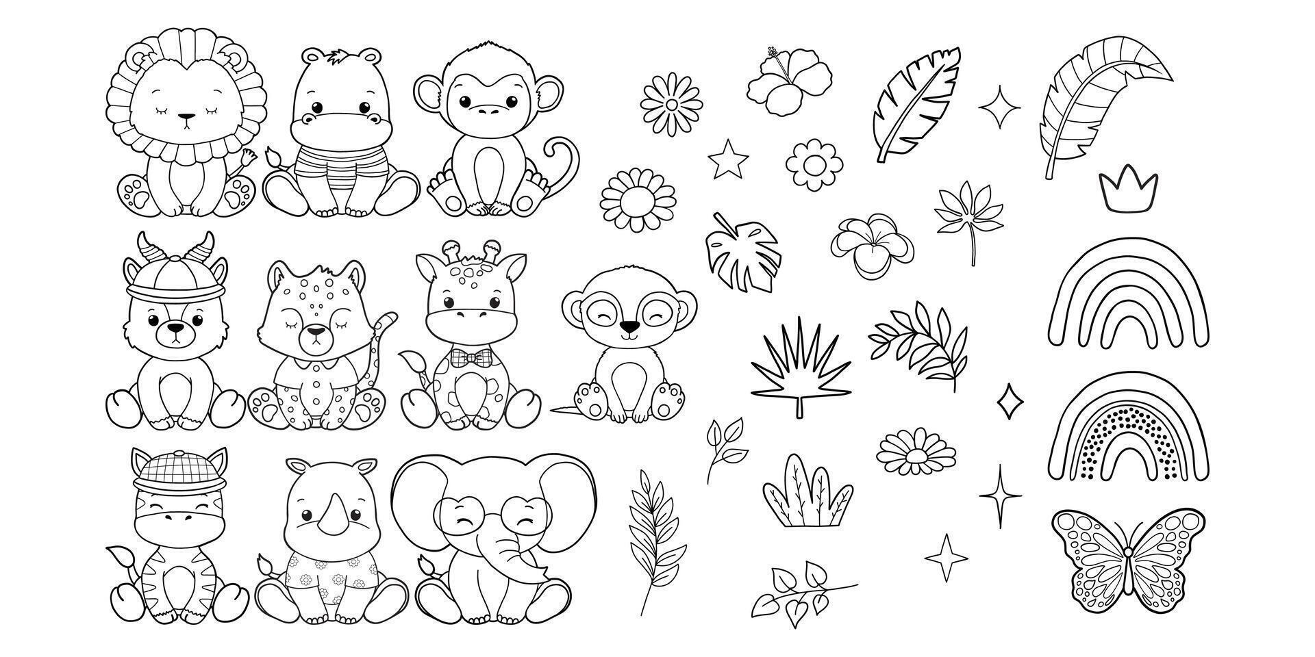 Set of Groovy Safari Animal Collection , Hand Drawn Elephant Giraffe Zebra Lion Rhino Hippo Monkey Cheetah Gazelle and Meerkat Outline. vector