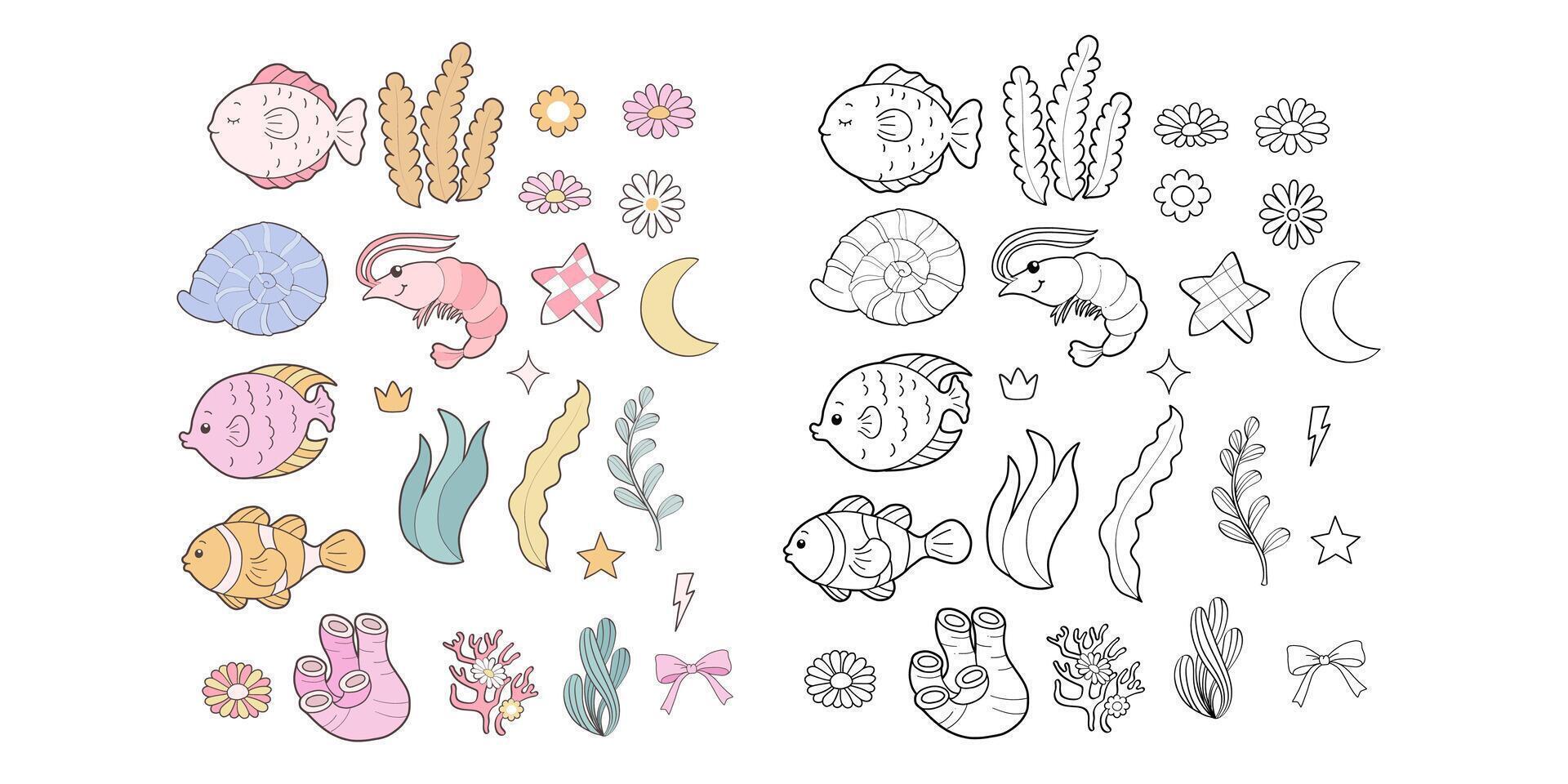 Set of Under the Sea Collection , Hand Drawn Shrimp, Sea Shell, Sea Fish, Seaweed and Coral Color and Outline Coloring Page or Book Animals for Kids. vector
