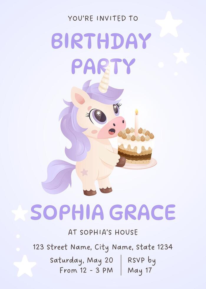 Sweet unicorn birthday invitation featuring a purple-maned unicorn holding a frosted cake vector