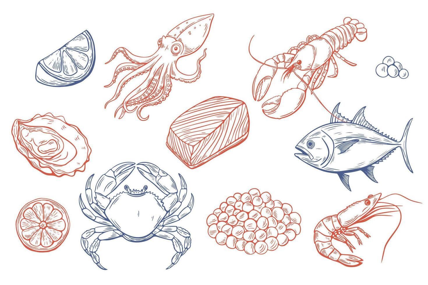seafood clipart set with crab, tuna, shrimp and lemon in sketch style vector