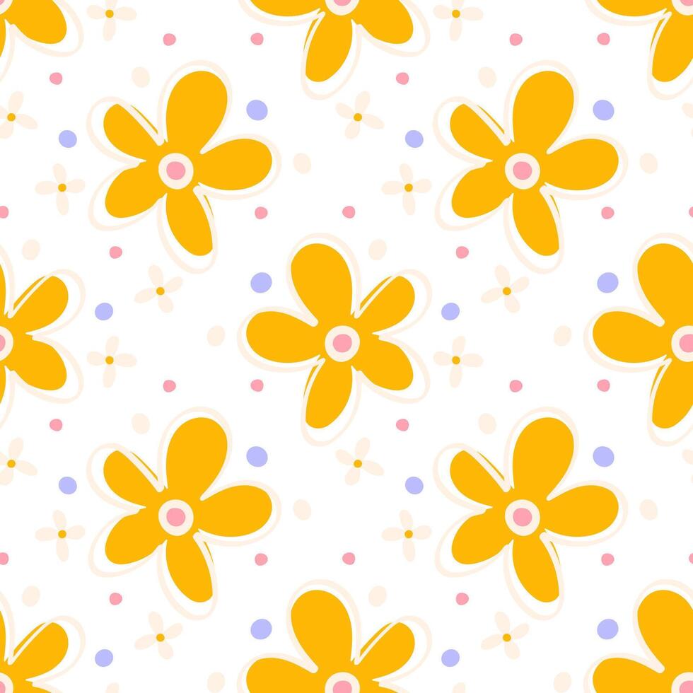 Bright yellow floral pattern with large five-petal flowers, soft cream blossoms vector