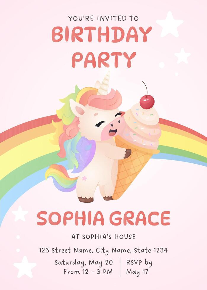 Unicorn birthday party invitation with rainbow ice cream vector