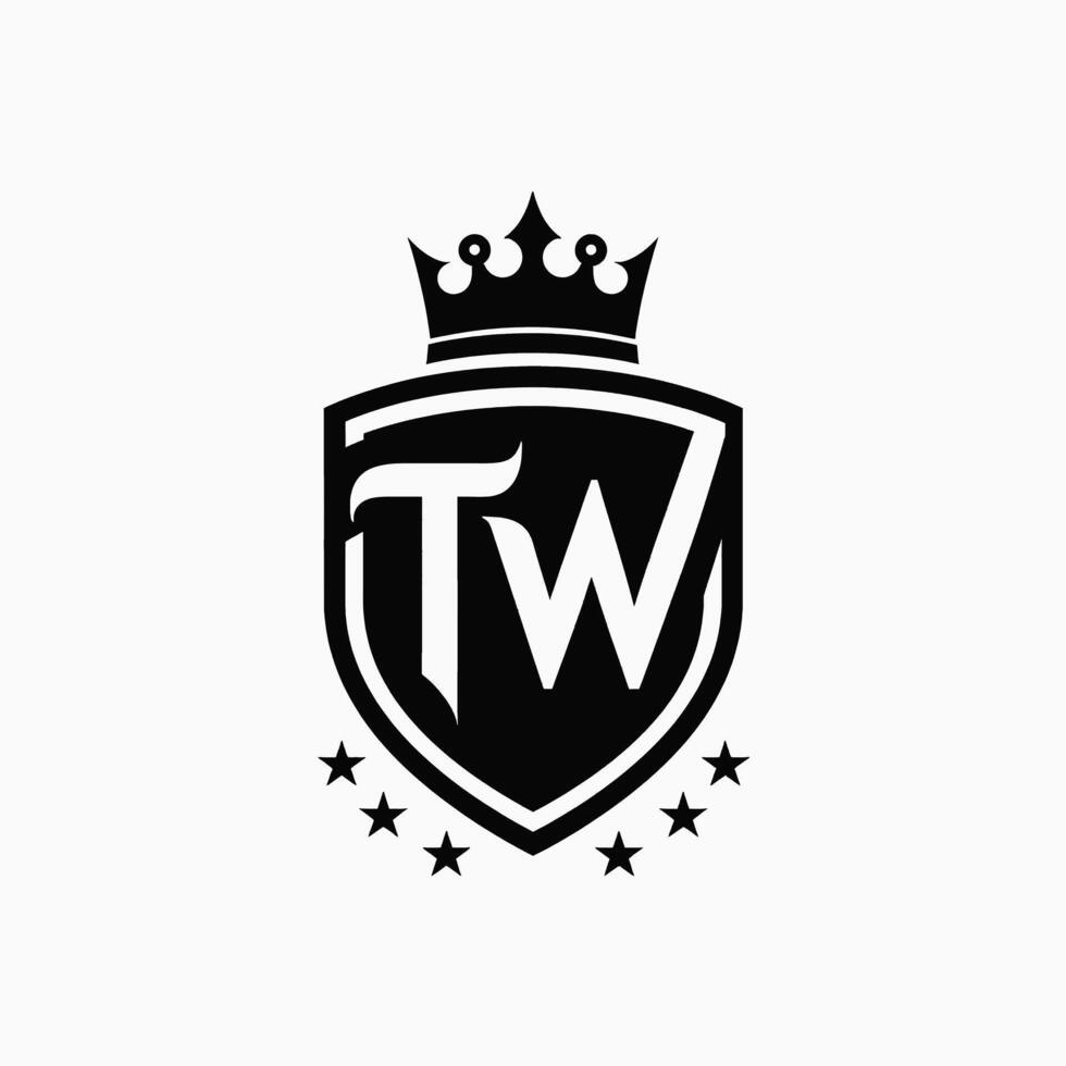 Royal TW Shield Logo Bold Black Crest with Crown and Stars, Ideal for Sports, Security, or Premium Branding, Symbolizing Strength and Honor vector