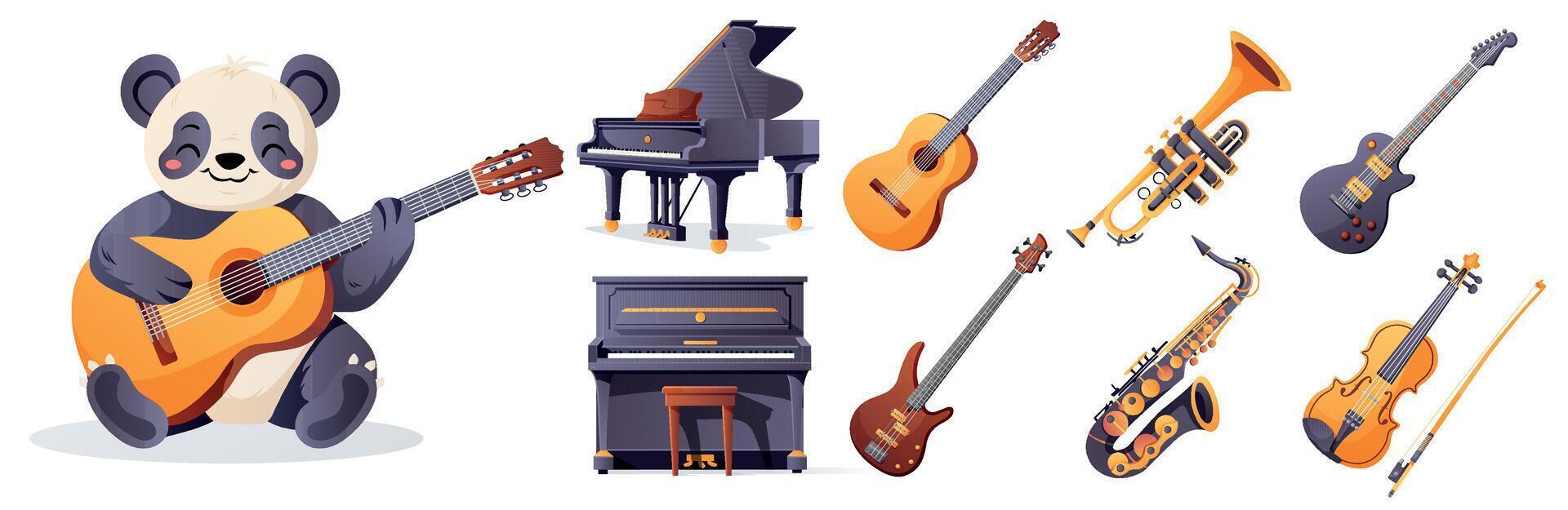 Cute panda playing guitar with musical instruments set vector