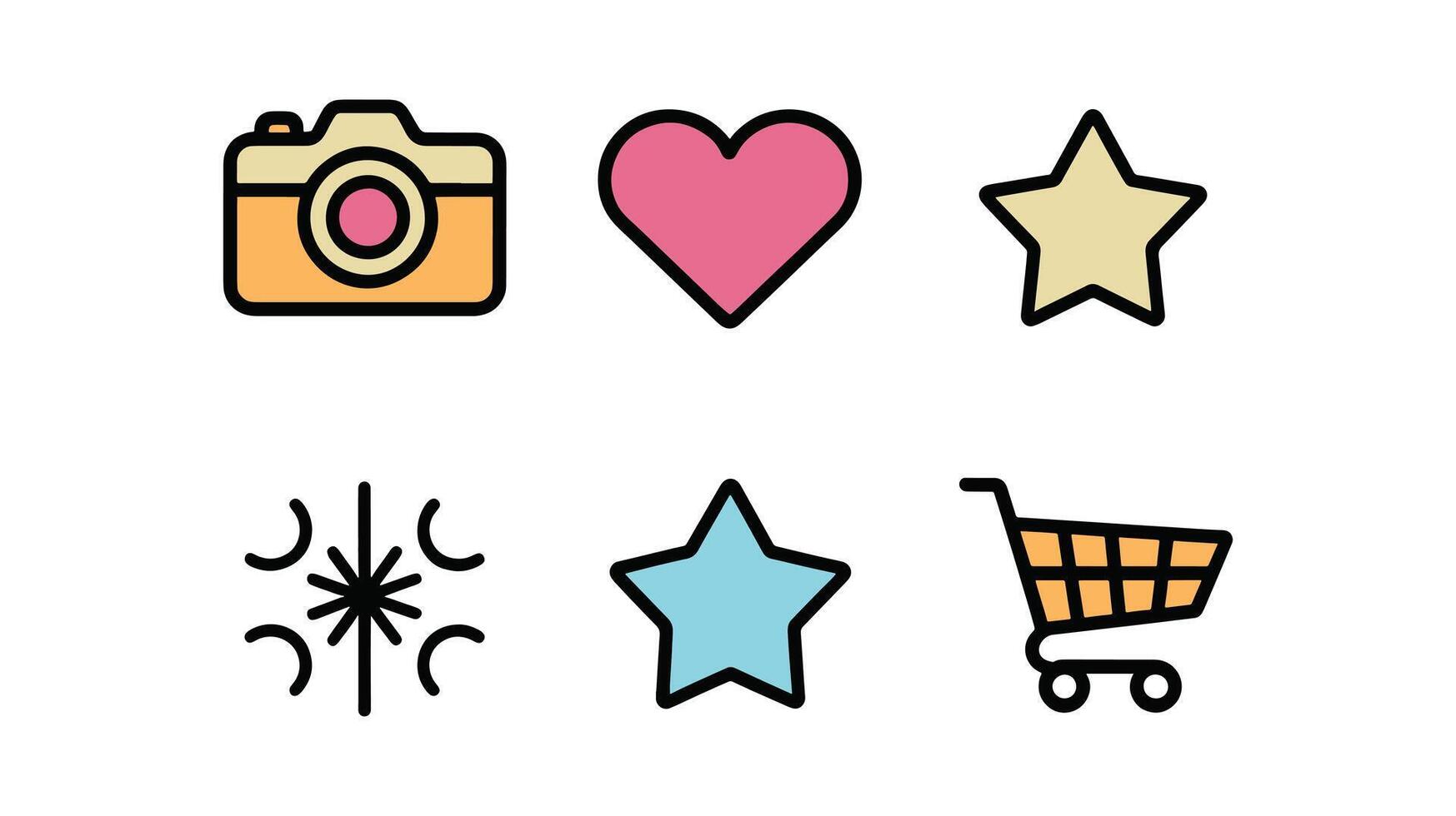 A set of icons that include a camera, heart, star, and shopping cart vector